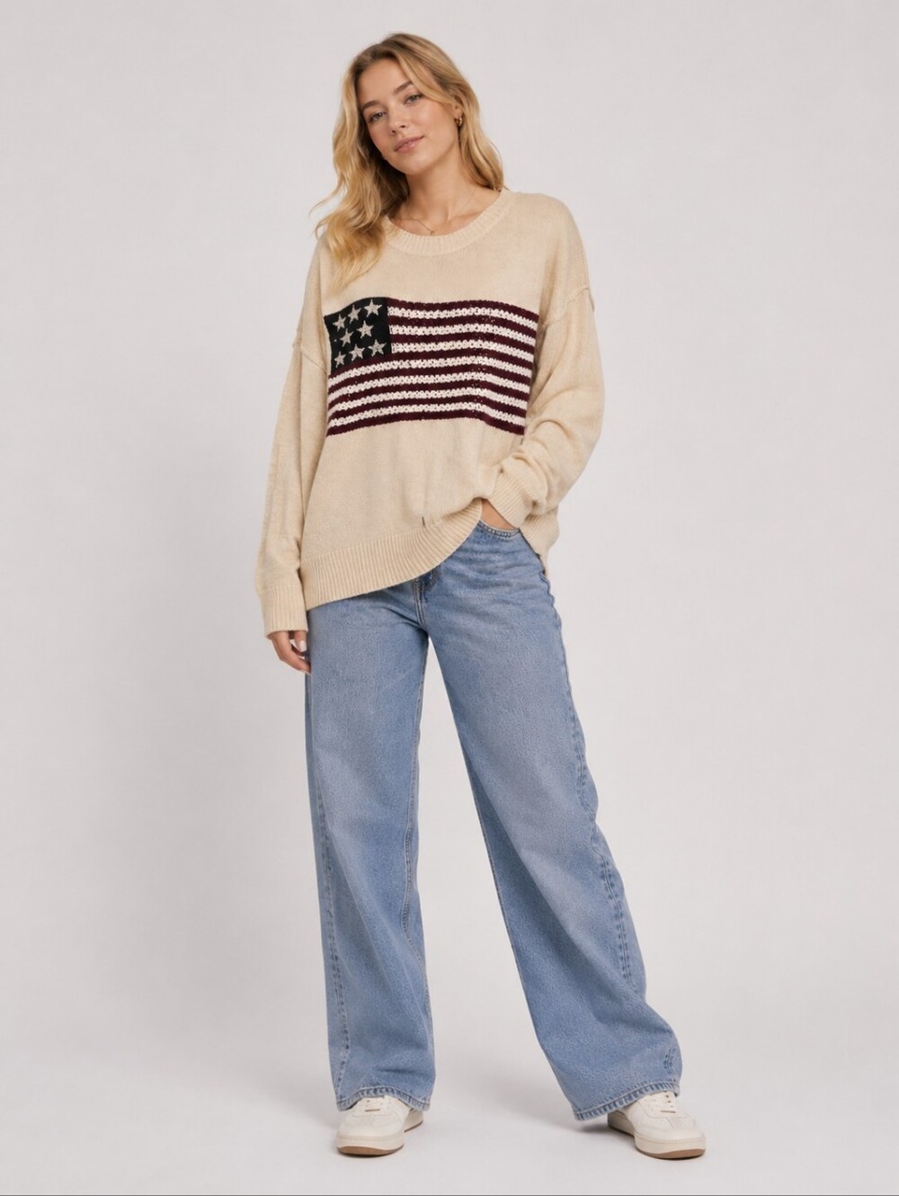 POL Oversized Small Cream American Flag Knit Sweater | Cozy Slouchy Pullover